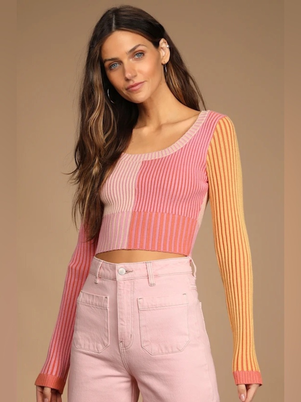LULUS Meant‎ to be Mod Pink Color Block Ribbed Long Sleeve Crop Top